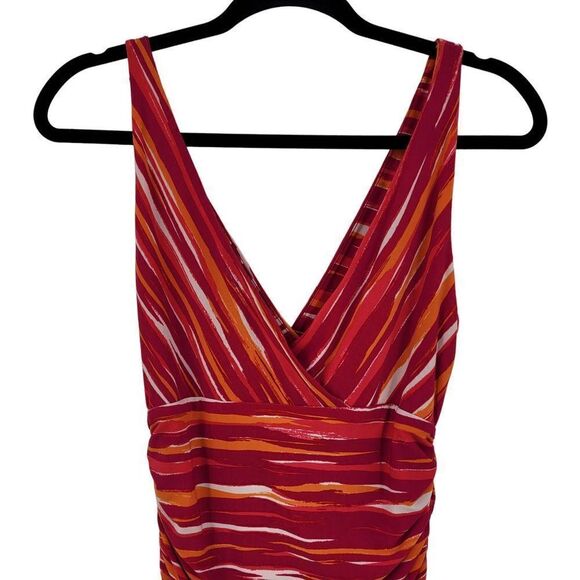 Vintage 80s Ralph Lauren Stretch Sleeveless Midi 8 Pink Striped Surplice Bodycon - Picture 8 of 12